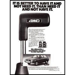 1981 Subaru 4WD On Demand Shifter Vintage Print Ad 2 Door Hatchback Car Wall Art